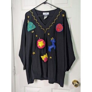 VTG Ugly Christmas Pullover T Shirt Womens 3X Embroidered Beaded Angel Reindeer